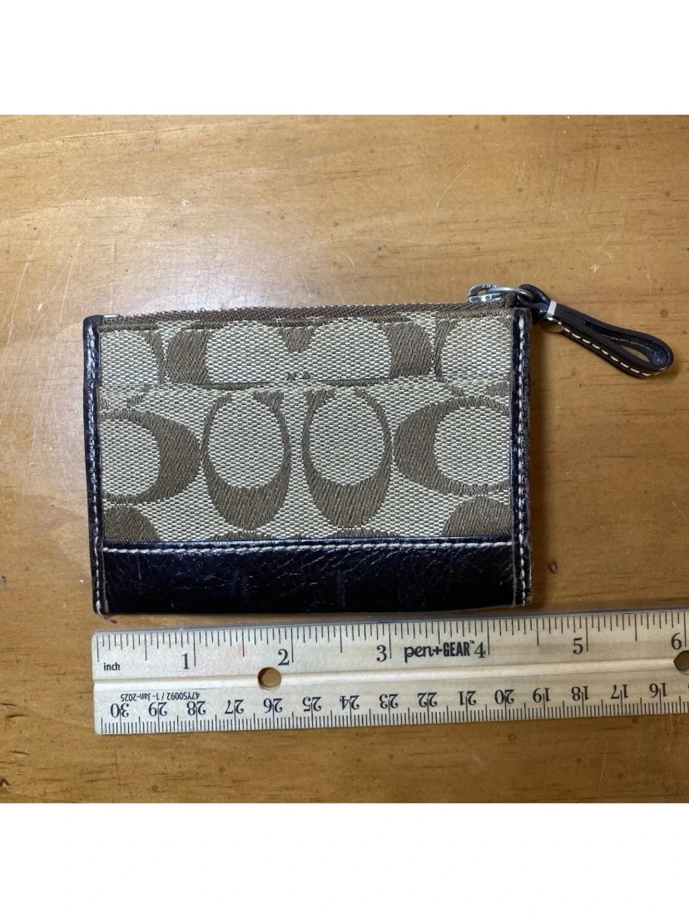 Coach Signature Logo Zip Card Wallet Coin Pouch Key Ring Brown Beige